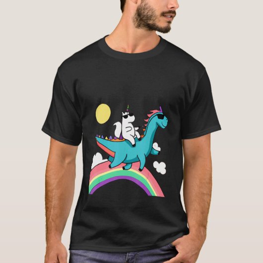 unicorn with sunglasses riding a dinosaur and rain tシャツ (正面)