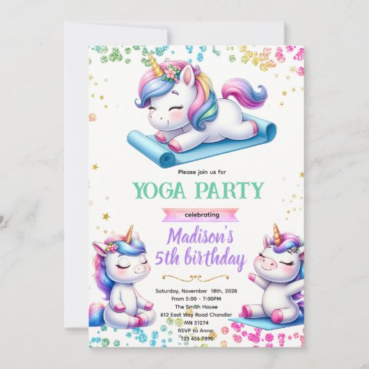 Unicorn yoga birthday party invitation 招待状 (正面)
