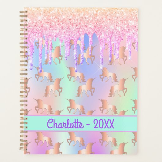 Unicornsピンクのドリップ名ホログラフィック プランナー手帳 (正面)