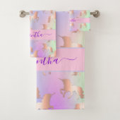 Unicornsピンク紫のドリップス名の女の子 バスタオルセット (インサイチュ)