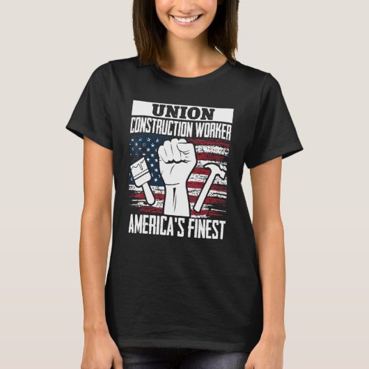 Union Construction Worker American USA Flag 4th of Tシャツ (正面)