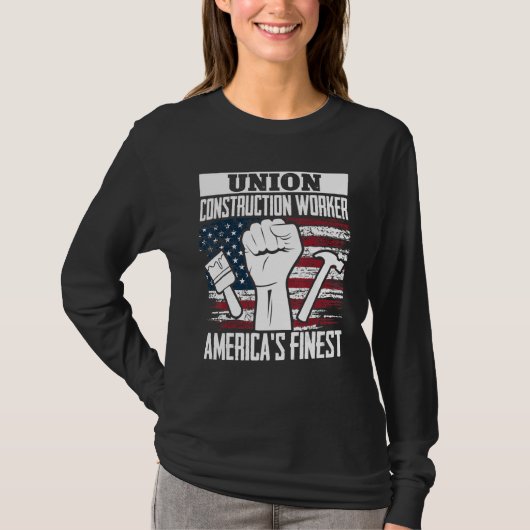 Union Construction Worker American USA Flag 4th of Tシャツ (正面)