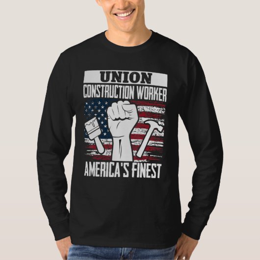 Union Construction Worker American USA Flag 4th of Tシャツ (正面)