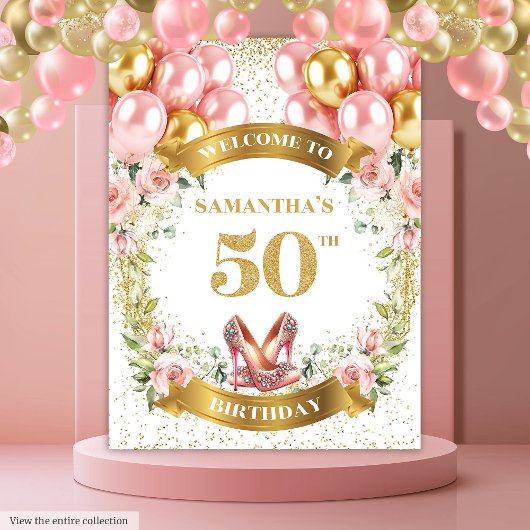 Unique 50th Birthday Floral Gold Glitter Backdrop タペストリー