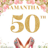 Unique 50th Birthday Floral Gold Glitter Backdrop タペストリー
