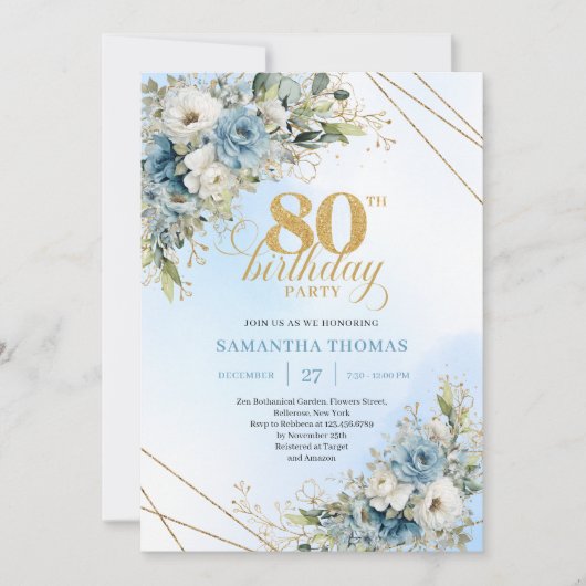 Unique 80th Birthday Invitation Boho Blue White  招待状 (正面)