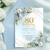 Unique 80th Birthday Invitation Boho Blue White  招待状