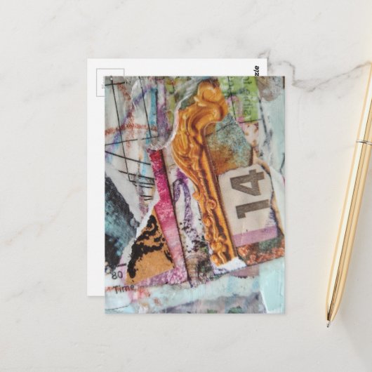 unique abstract mixed media collage Time 14 ポストカード (正面/裏面インサイチュ)