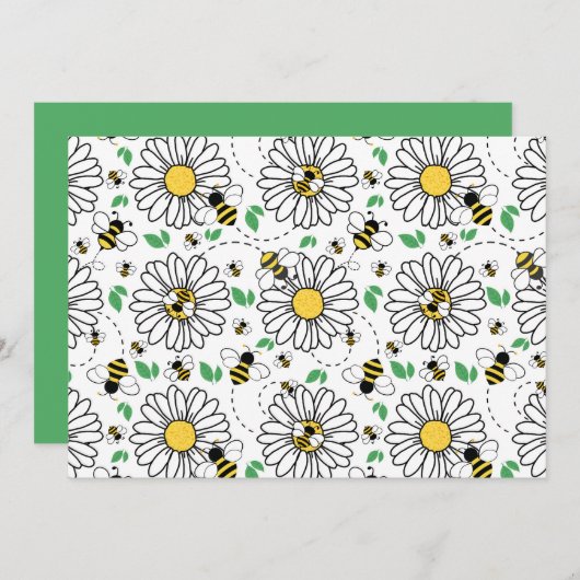 Unique Bees & Daisies Spring Note Card ノートカード (正面/裏面)