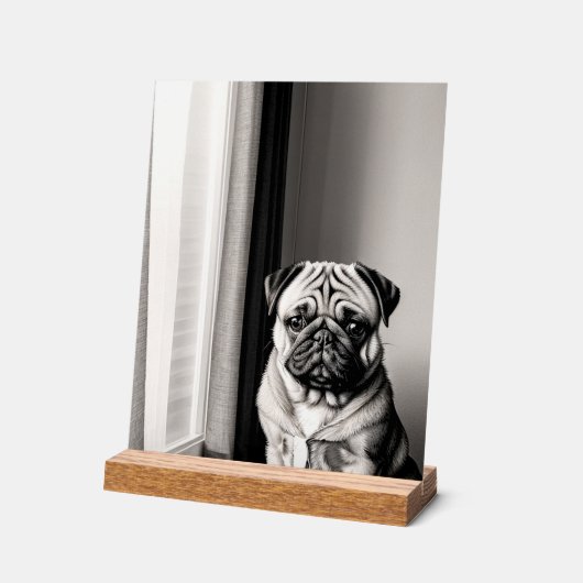 Unique Black and White Pug Dog Portrait アクリルサイン (傾斜)