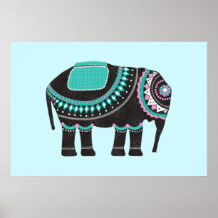 Unique Black Ornate Elephant Design, Modern ポスター