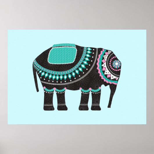 Unique Black Ornate Elephant Design, Modern ポスター (正面)
