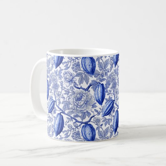 Unique Blue Toile Cocoa Chic Botanical Pattern コーヒーマグカップ (正面左)