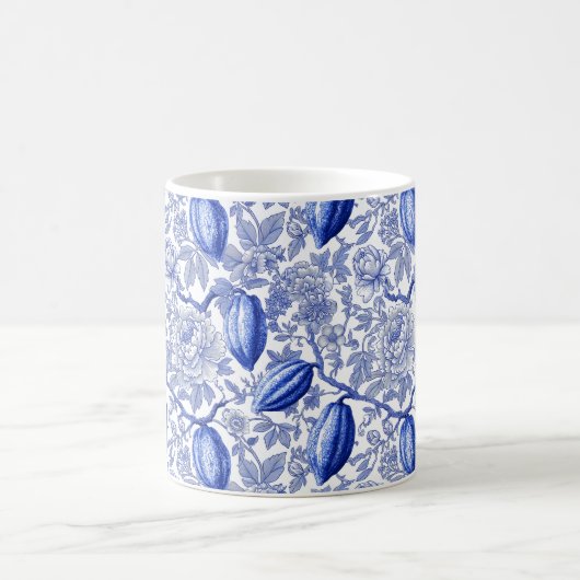 Unique Blue Toile Cocoa Chic Botanical Pattern コーヒーマグカップ (中央)