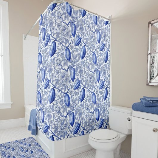 Unique Blue Toile Cocoa Chic Botanical Pattern シャワーカーテン
