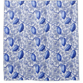 Unique Blue Toile Cocoa Chic Botanical Pattern シャワーカーテン (正面)