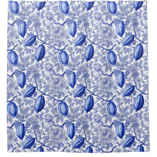 Unique Blue Toile Cocoa Chic Botanical Pattern シャワーカーテン (正面)