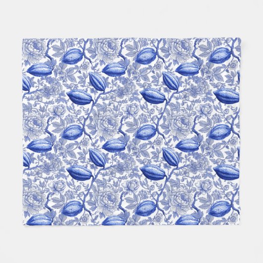 Unique Blue Toile Cocoa Chic Botanical Pattern フリースブランケット (正面(横))