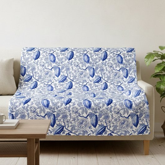 Unique Blue Toile Cocoa Chic Botanical Pattern フリースブランケット