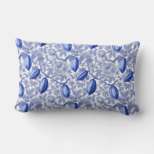 Unique Blue Toile Cocoa Chic Botanical Pattern ランバークッション (裏面)