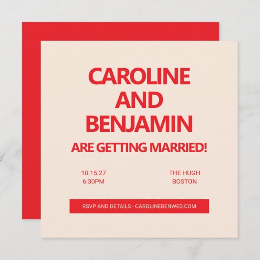 Unique Bold Red Text Modern Minimalist Wedding  招待状 (正面/裏面)