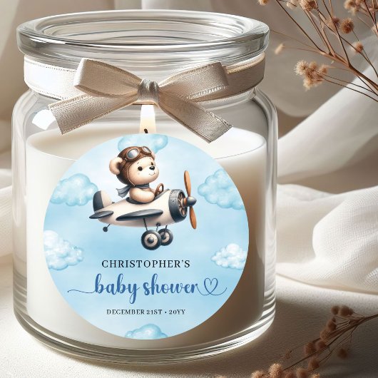 Unique Boy Baby Shower Sticker Blue Brown Teddy  ラウンドシール