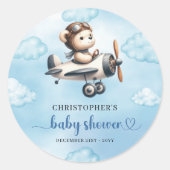 Unique Boy Baby Shower Sticker Blue Brown Teddy  ラウンドシール (正面)