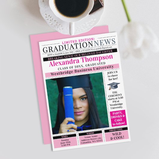 Unique Chic Hot Pink Newspaper Graduate Degree 招待状