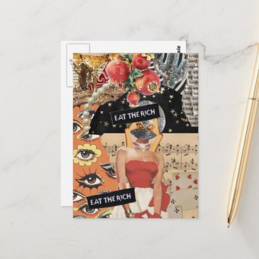 Unique Eat the Rich Mixed Media Collage ポストカード (正面/裏面インサイチュ)