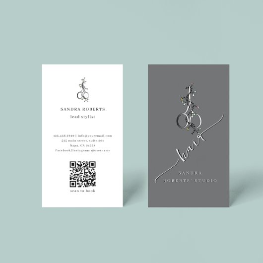 Unique Elegant Floral Scissors Logo QR Code 名刺
