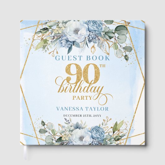 Unique Elegant Script Dusty Blue 90th Birthday ゲストブック (正面)