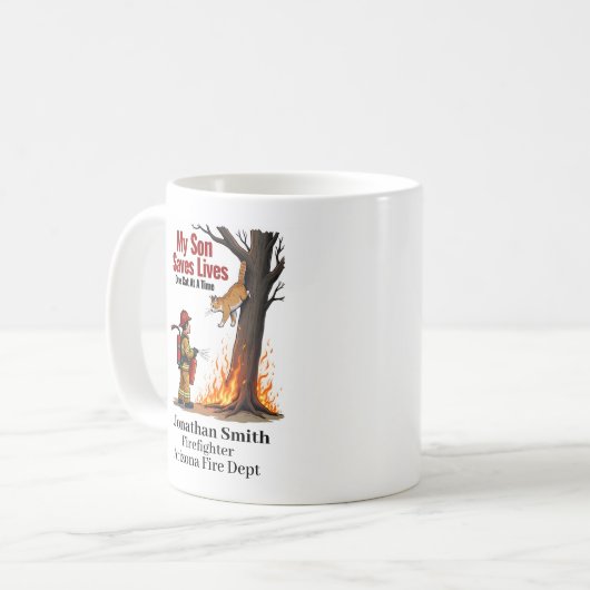 Unique Firefighter With Cat on Burning Tree コーヒーマグカップ (正面左)