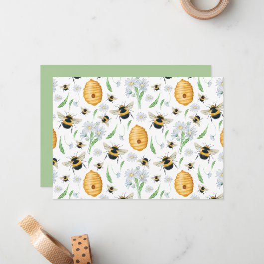 Unique Floral Honey Bees Note Card ノートカード (正面/裏面インサイチュ)