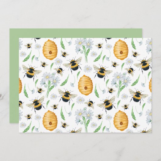 Unique Floral Honey Bees Note Card ノートカード (正面/裏面)