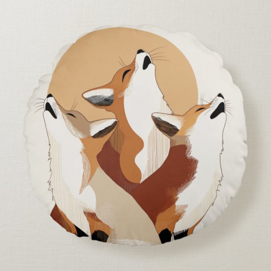 Unique Fox Howling at Moon Round Pillow ラウンドクッション (正面)