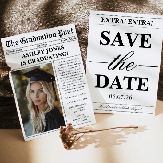 Unique Fun Newspaper Photo Graduation  招待状