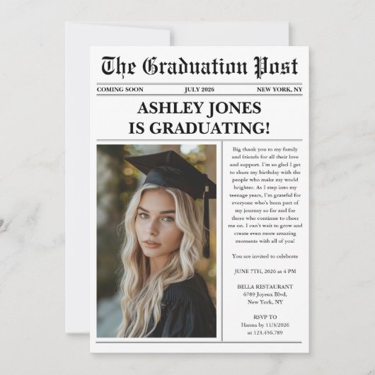 Unique Fun Newspaper Photo Graduation  招待状 (正面)