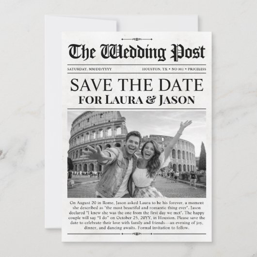 Unique Fun Photo Save the Date Wedding Newspaper 招待状 (正面)