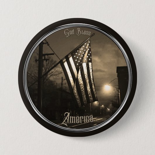 Unique God Bless America Flag at Night in the City 缶バッジ (正面)