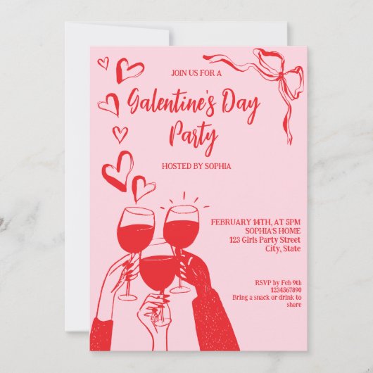 Unique Hand Drawn Pink Red Galentine's Day Party 招待状 (正面)