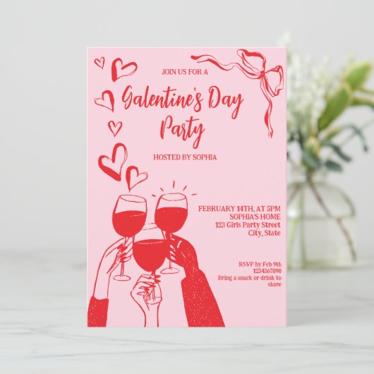 Unique Hand Drawn Pink Red Galentine's Day Party 招待状 (スタンド正面)