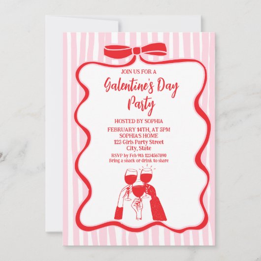 Unique Hand Drawn Pink Red Galentine's Day Party 招待状 (正面)