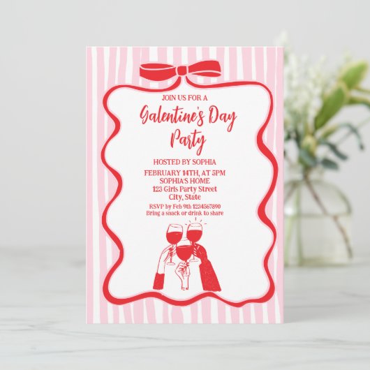 Unique Hand Drawn Pink Red Galentine's Day Party 招待状 (スタンド正面)