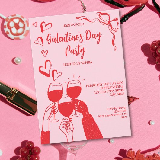 Unique Hand Drawn Pink Red Galentine's Day Party 招待状