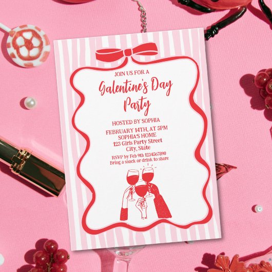 Unique Hand Drawn Pink Red Galentine's Day Party 招待状