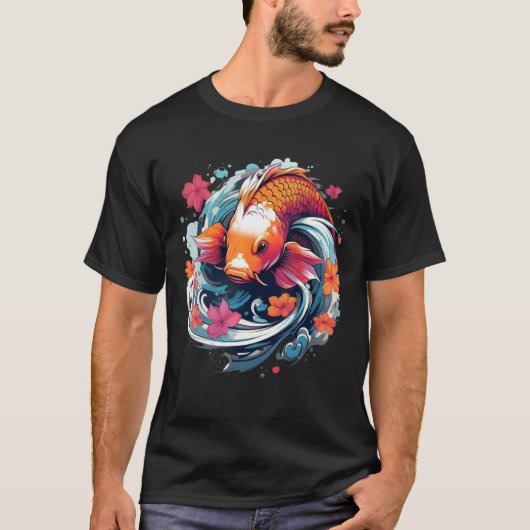 Unique Koi Fish Japanese Carp with flowers Tシャツ (正面)