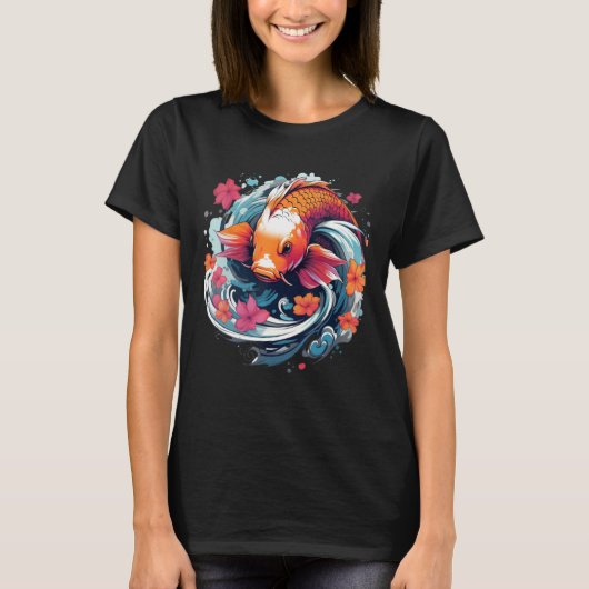Unique Koi Fish Japanese Carp with flowers Tシャツ (正面)