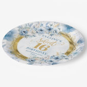 Unique Light Blue Sweet Sixteen Gold Glitter Plate ペーパープレート (アングル)