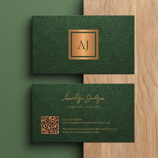Unique modern bold monogram QR code gold green 名刺