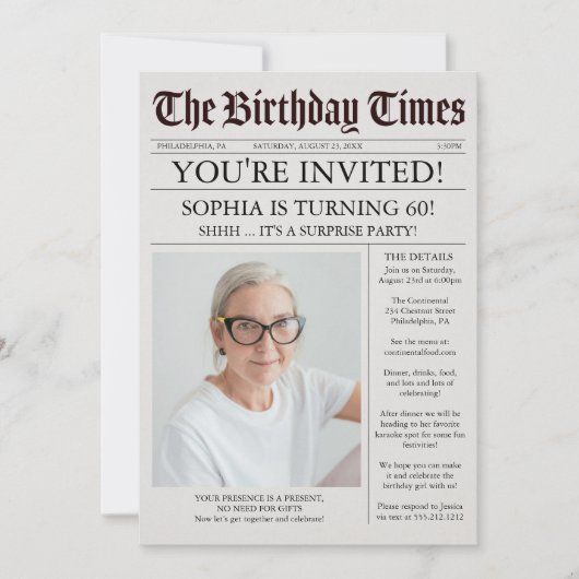 Unique Newspaper Birthday Party Invitation 招待状 (正面)